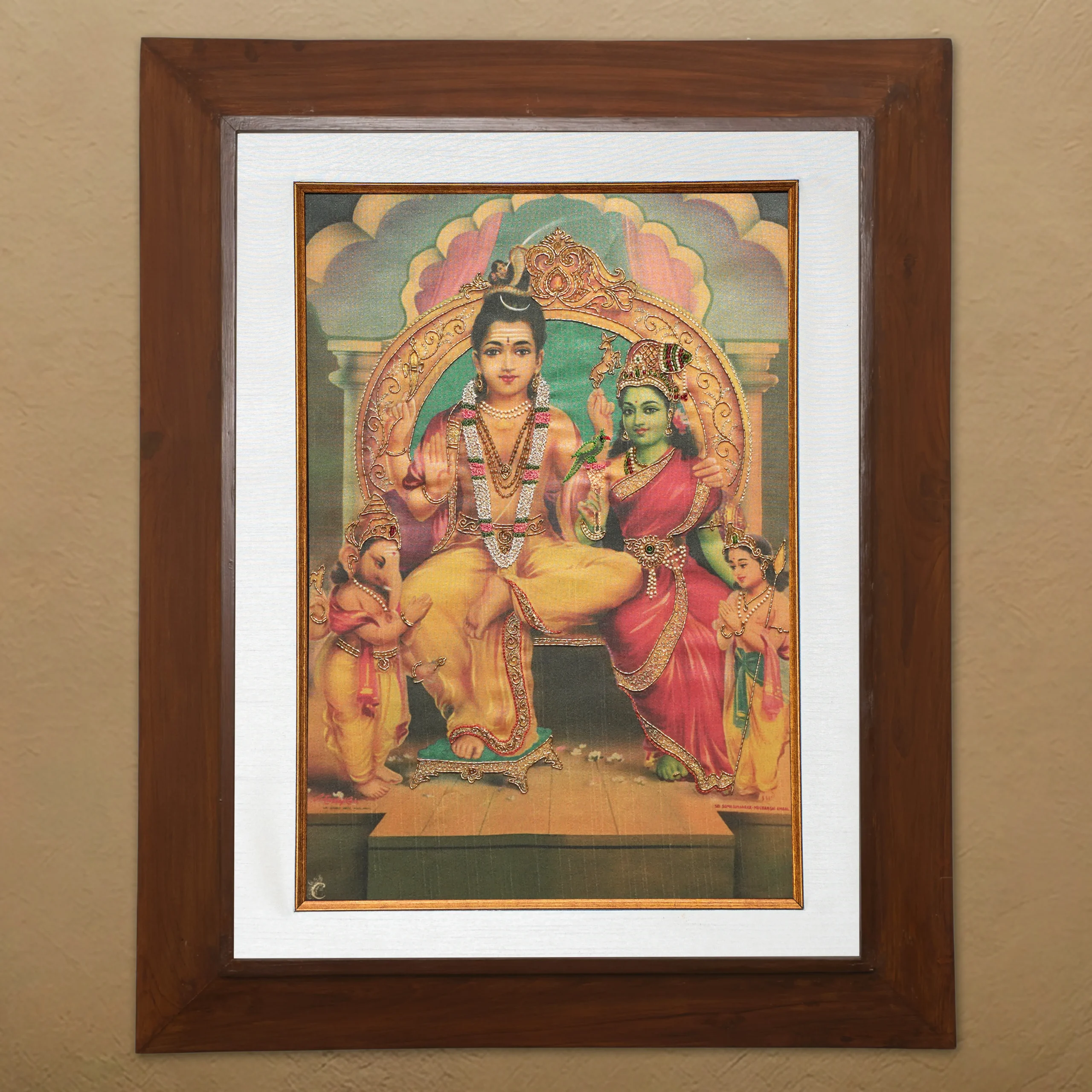 Lord Siva Family silk embroidery wall art framed in teak wood for pooja room and living room decor