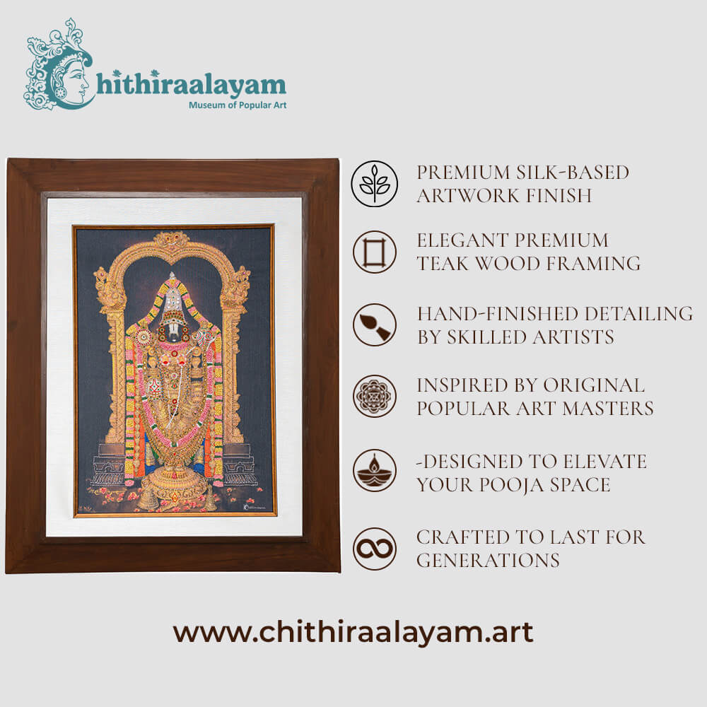 Lord Venkatachalapathy devotional art highlighting premium raw silk, Ari and Zardoshi embroidery and antique teak wood finish