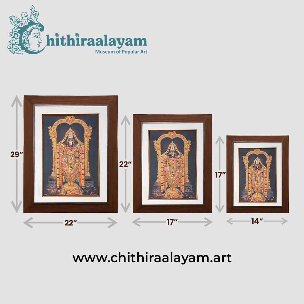 Size and dimension chart for Lord Venkatachalapathy raw silk embroidery painting in teak wood frame