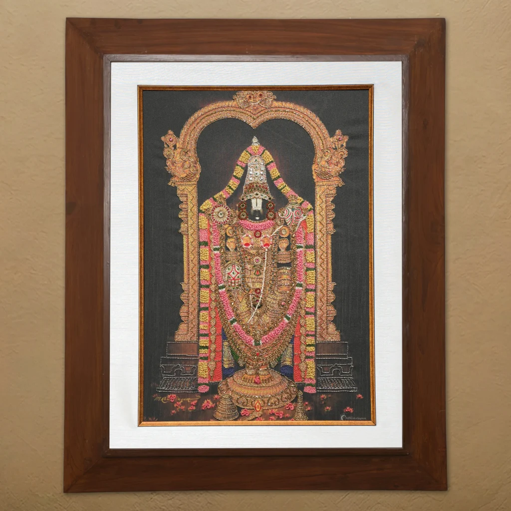 Lord Venkatachalapathy silk embroidery wall art framed in teak wood for pooja room and living room decor