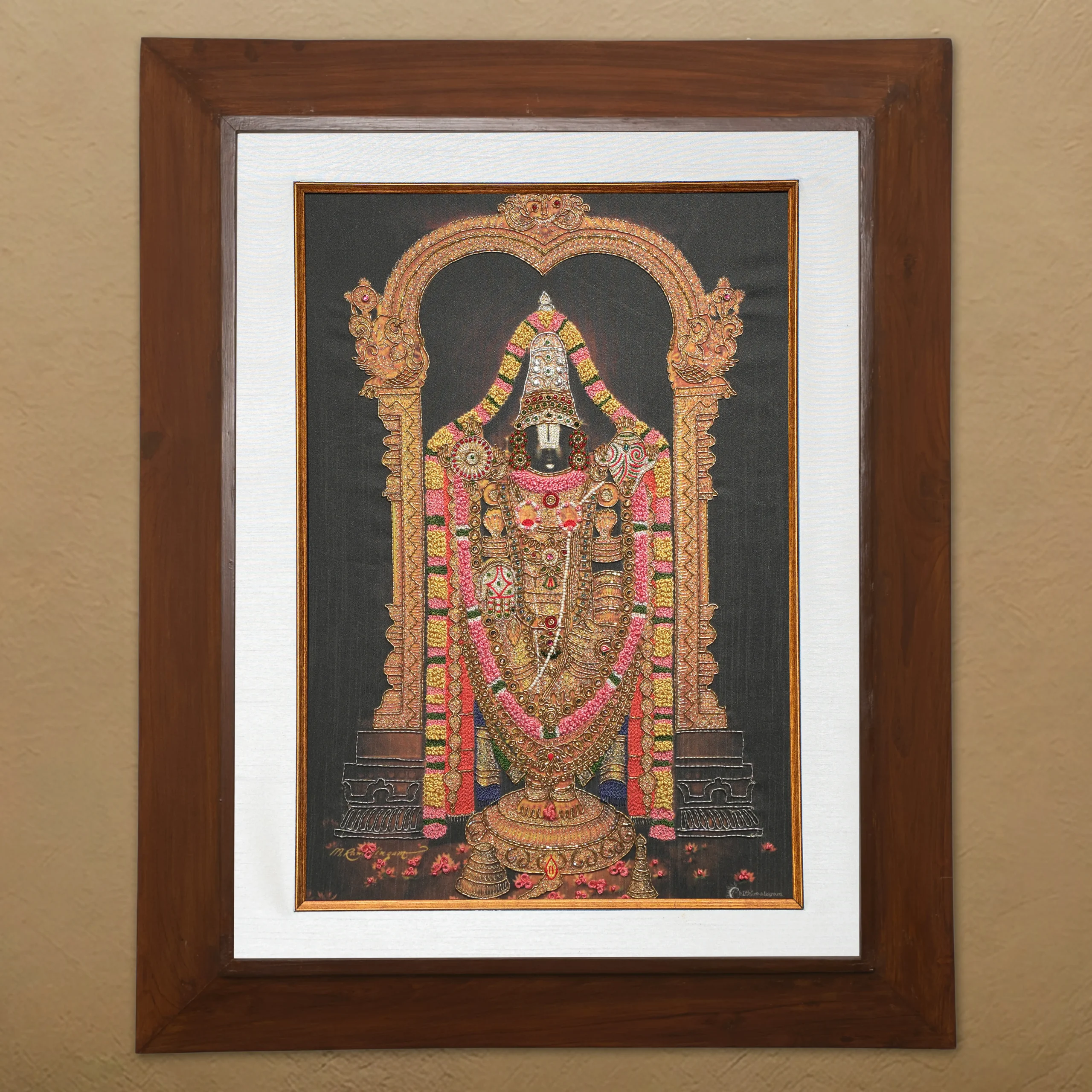 Lord Venkatachalapathy silk embroidery wall art framed in teak wood for pooja room and living room decor
