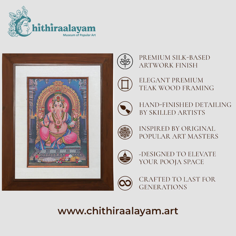 Lord Vigneshwarar devotional art highlighting premium raw silk, Ari and Zardoshi embroidery and antique teak wood finish