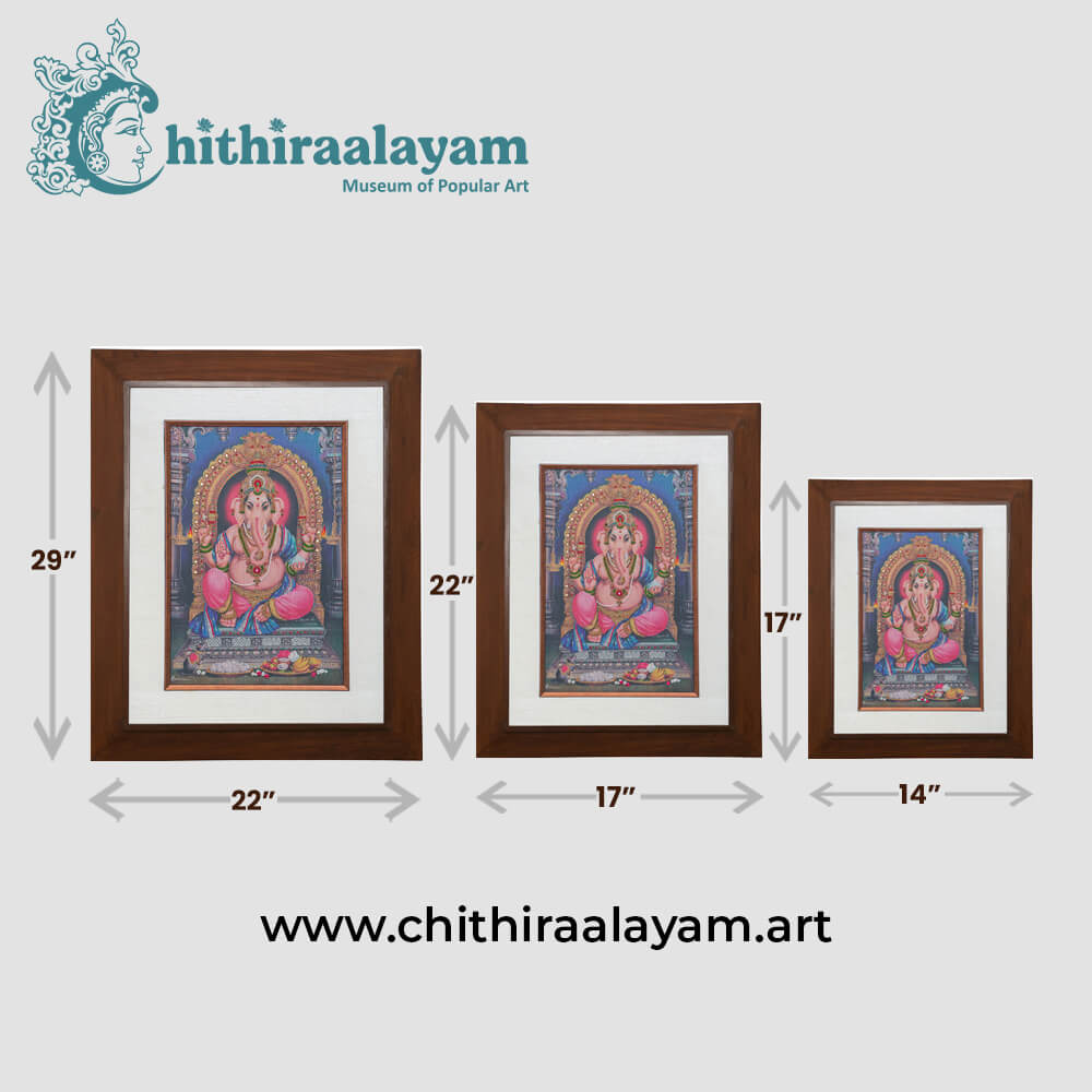Size and dimension chart for Lord Vigneshwarar raw silk embroidery painting in teak wood frame