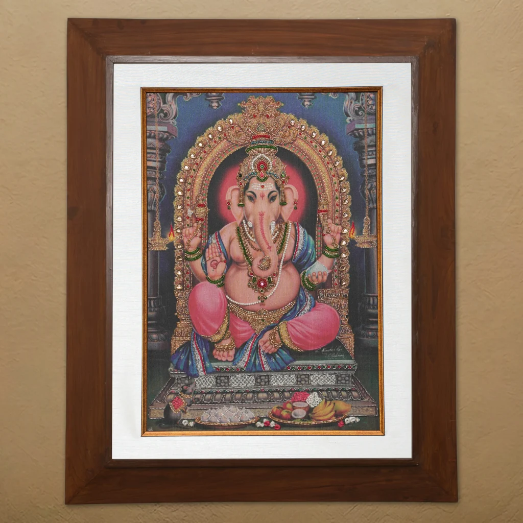 Lord Vigneshwarar silk embroidery wall art framed in teak wood for pooja room and living room decor