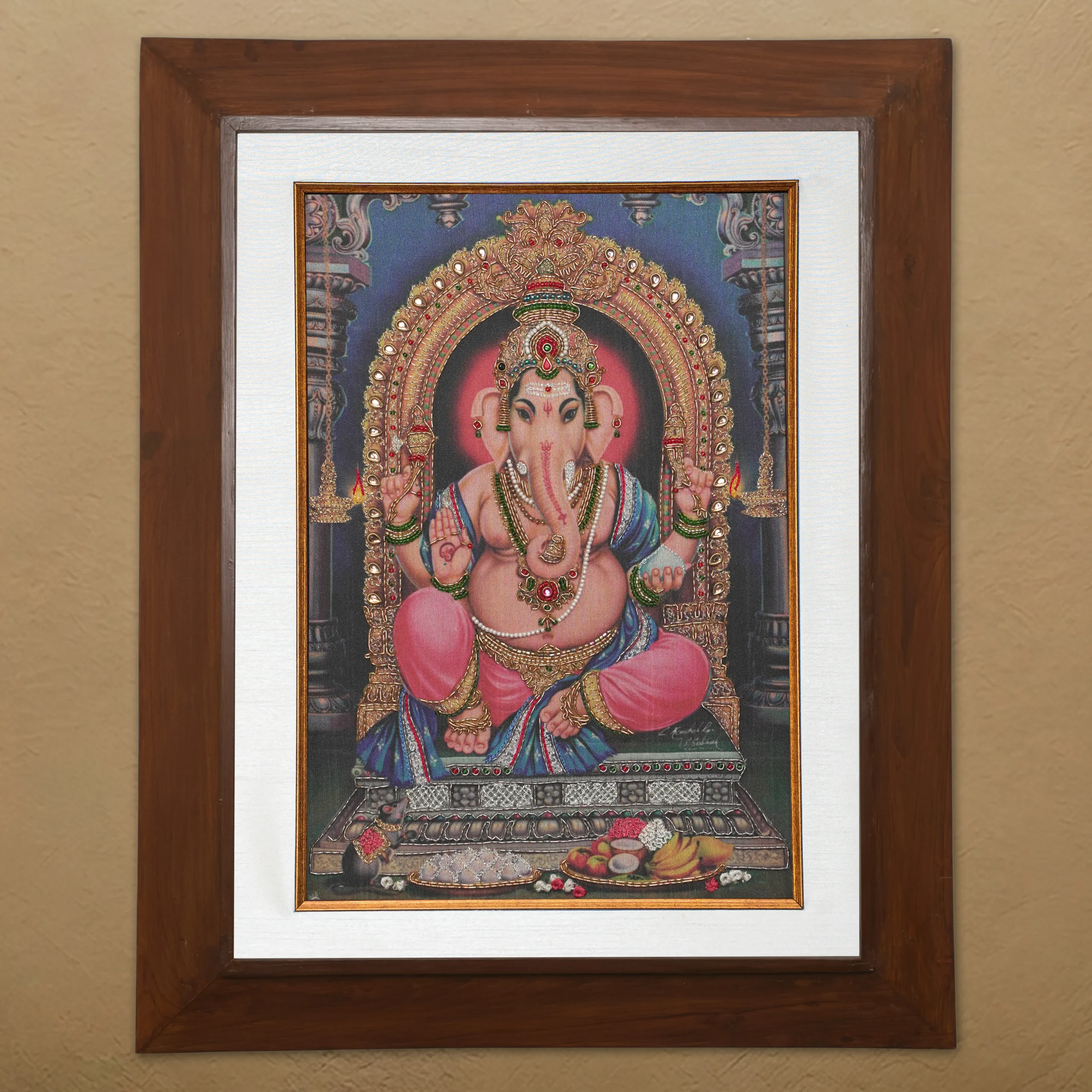 Lord Vigneshwarar silk embroidery wall art framed in teak wood for pooja room and living room decor