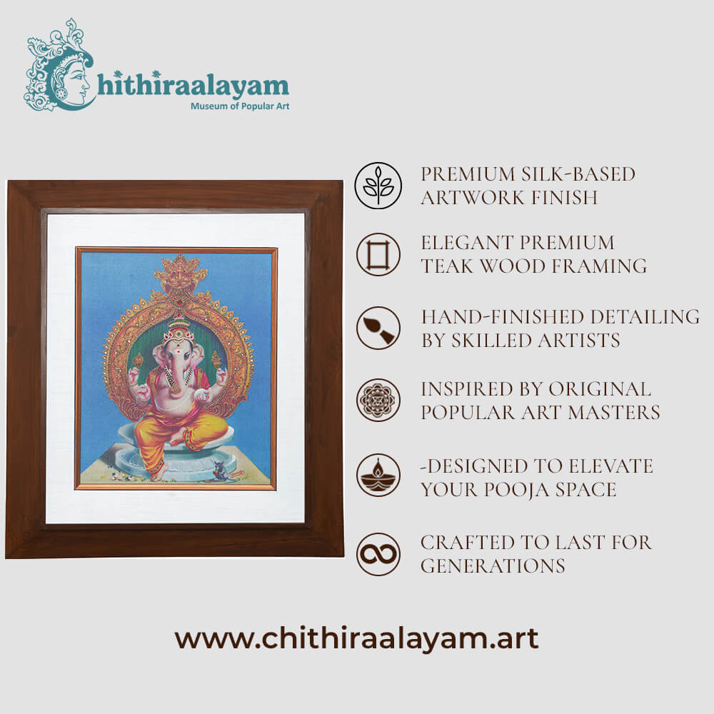 Lord Vinayagar devotional art highlighting premium raw silk, Ari and Zardoshi embroidery and antique teak wood finish