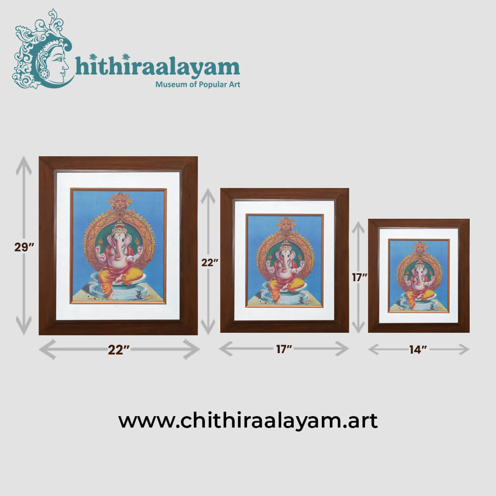 Size and dimension chart for Lord Vinayagar raw silk embroidery painting in teak wood frame