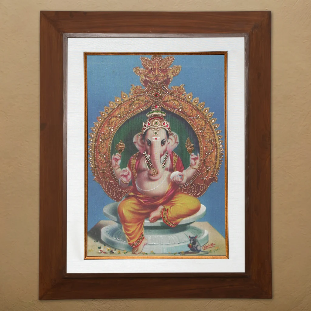 Lord Vinayagar silk embroidery wall art framed in teak wood for pooja room and living room decor