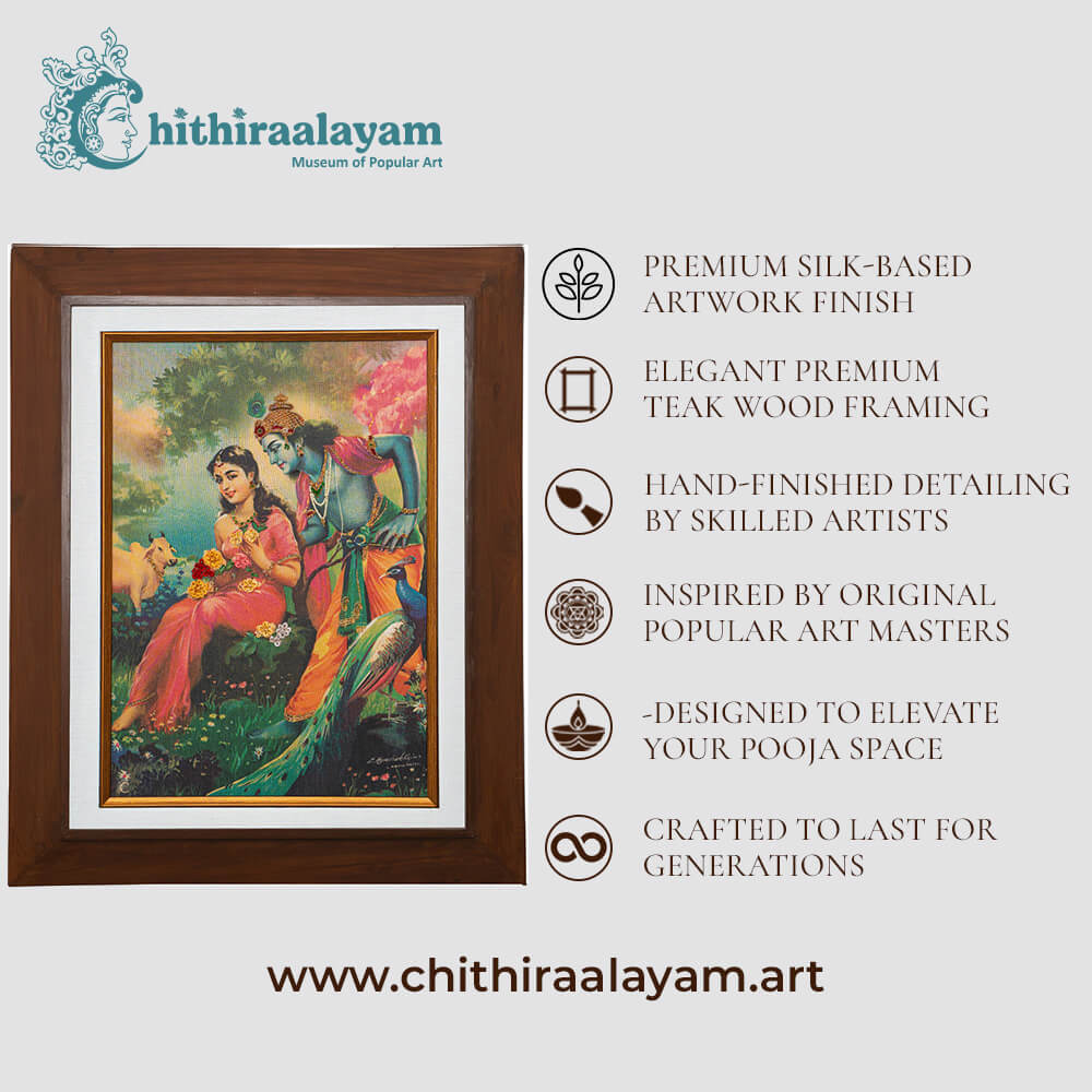 Radha Krishna devotional art highlighting premium raw silk, Ari and Zardoshi embroidery and antique teak wood finish