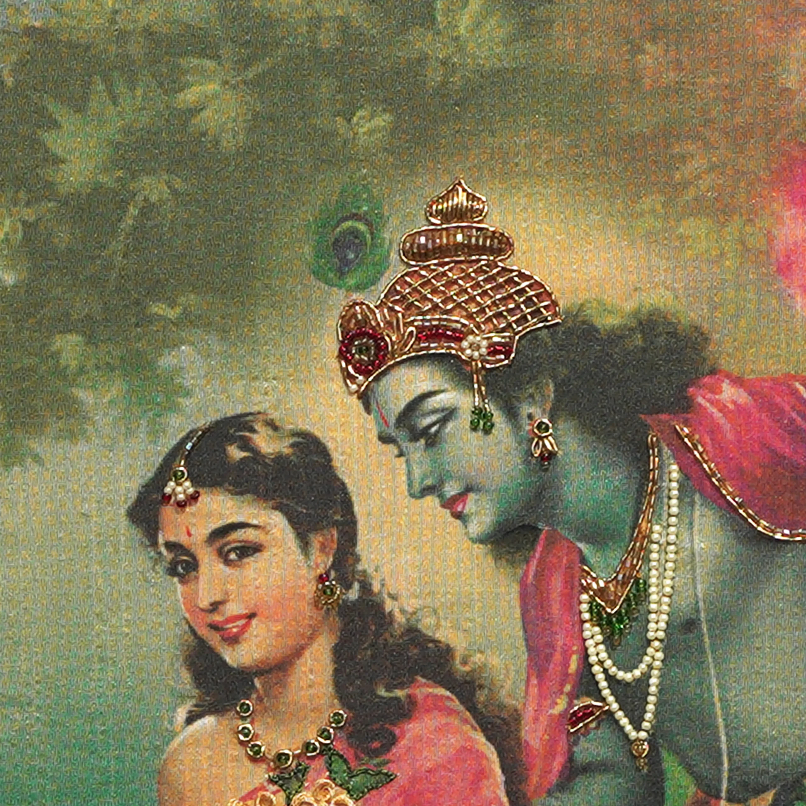 Close-up of Radha Krishna face and crown detail with handcrafted Ari and Zardoshi embroidery on raw silk