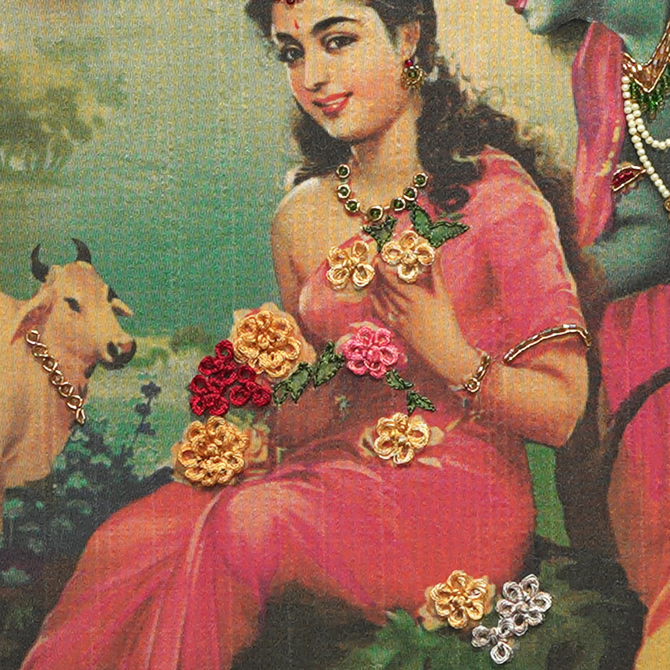 Close-up of Radha Krishna lower body embroidery showing intricate Zardoshi threadwork on raw silk