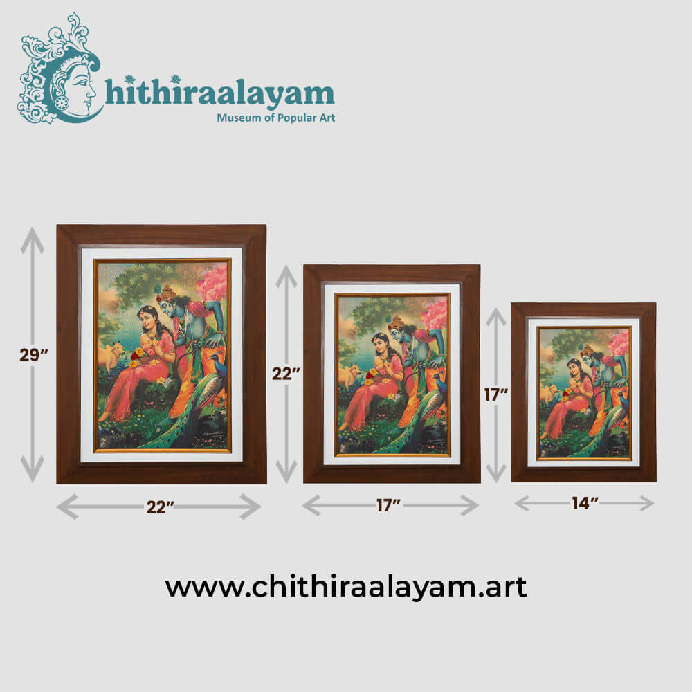 Size and dimension chart for Radha Krishna raw silk embroidery painting in teak wood frame