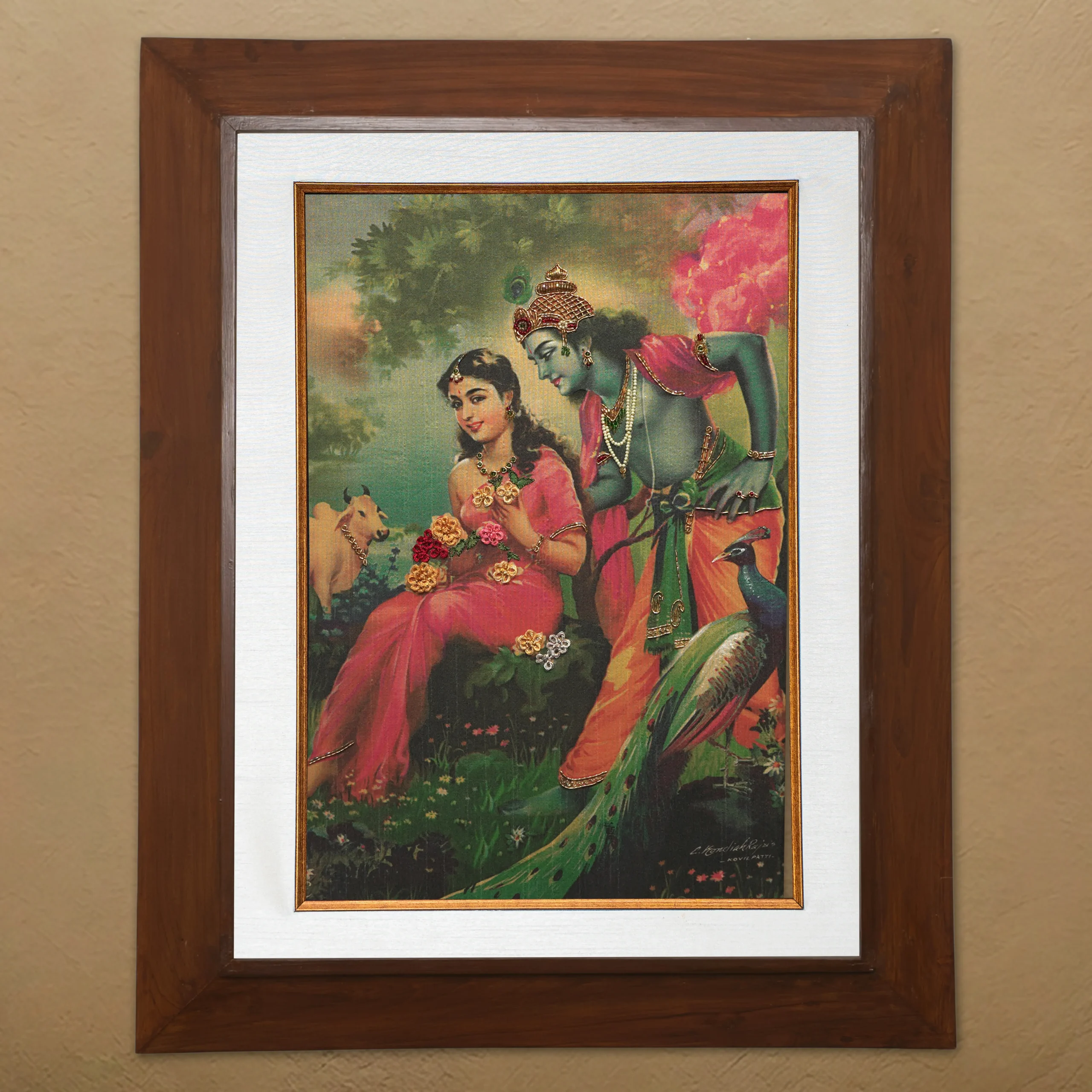 Radha Krishna silk embroidery wall art framed in teak wood for pooja room and living room decor
