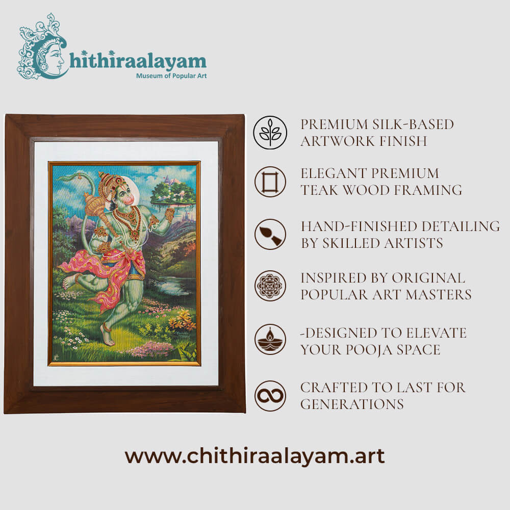Sri Anjaneya devotional art highlighting premium raw silk, Ari and Zardoshi embroidery and antique teak wood finish