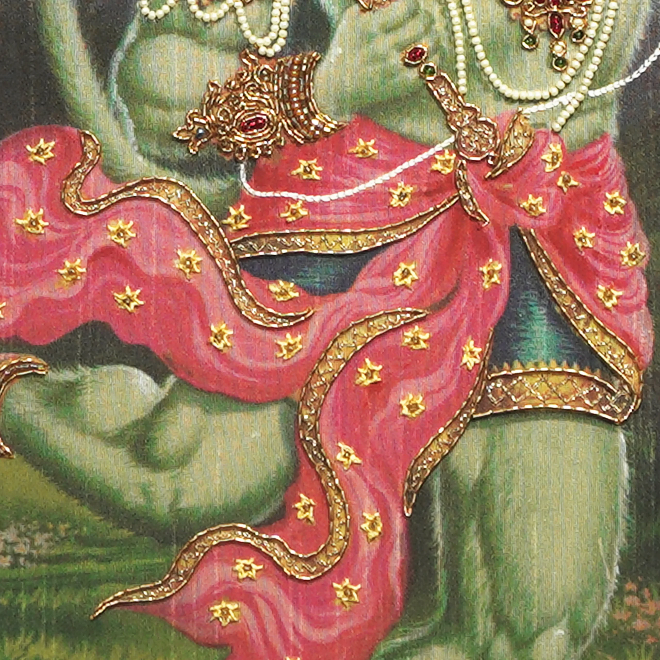 Close-up of Sri Anjaneya lower body embroidery showing intricate Zardoshi threadwork on raw silk