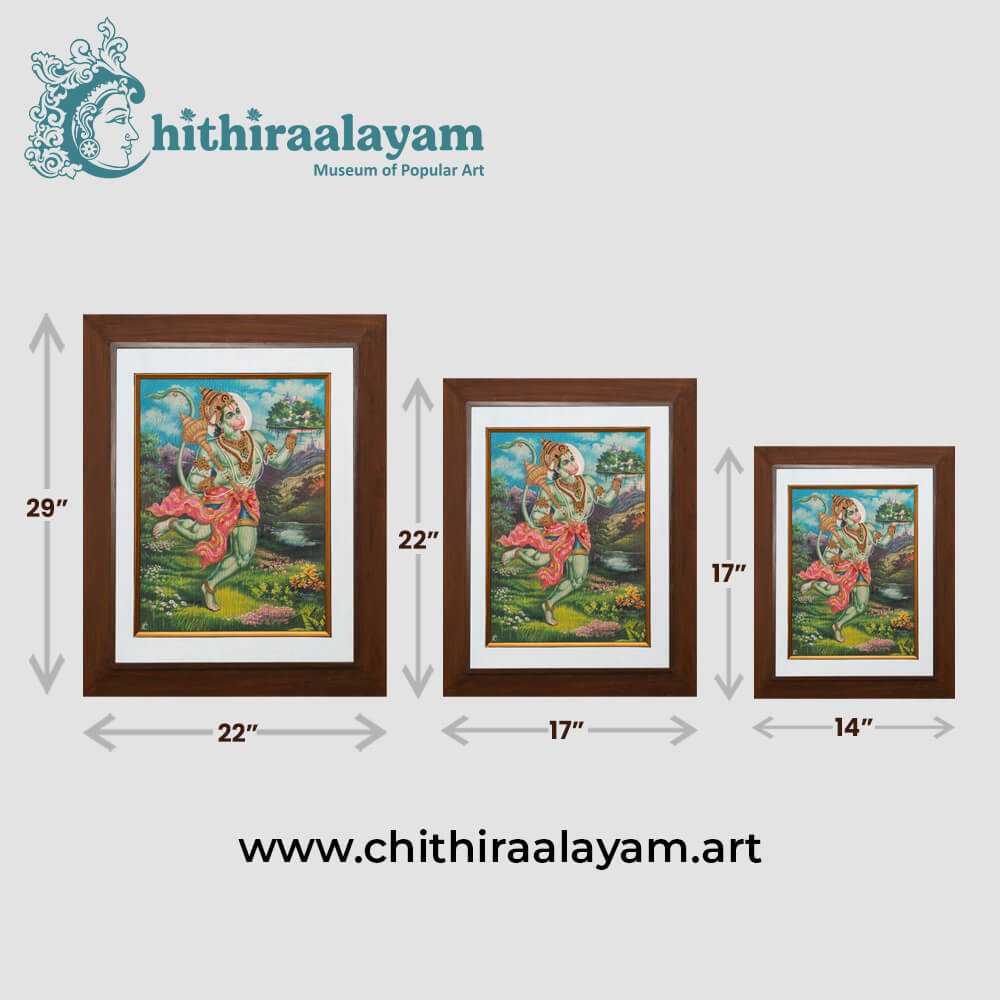Size and dimension chart for Sri Anjaneya raw silk embroidery painting in teak wood frame