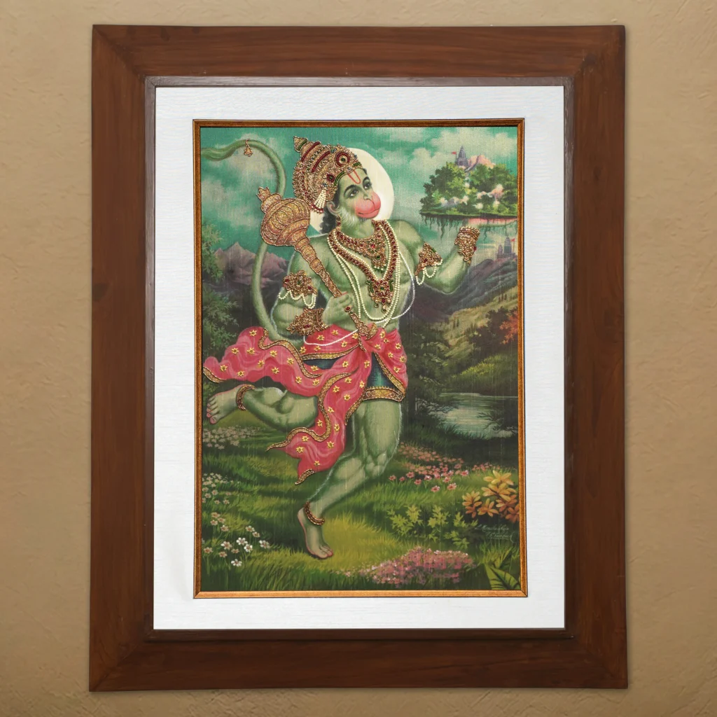 Sri Anjaneya silk embroidery wall art framed in teak wood for pooja room and living room decor