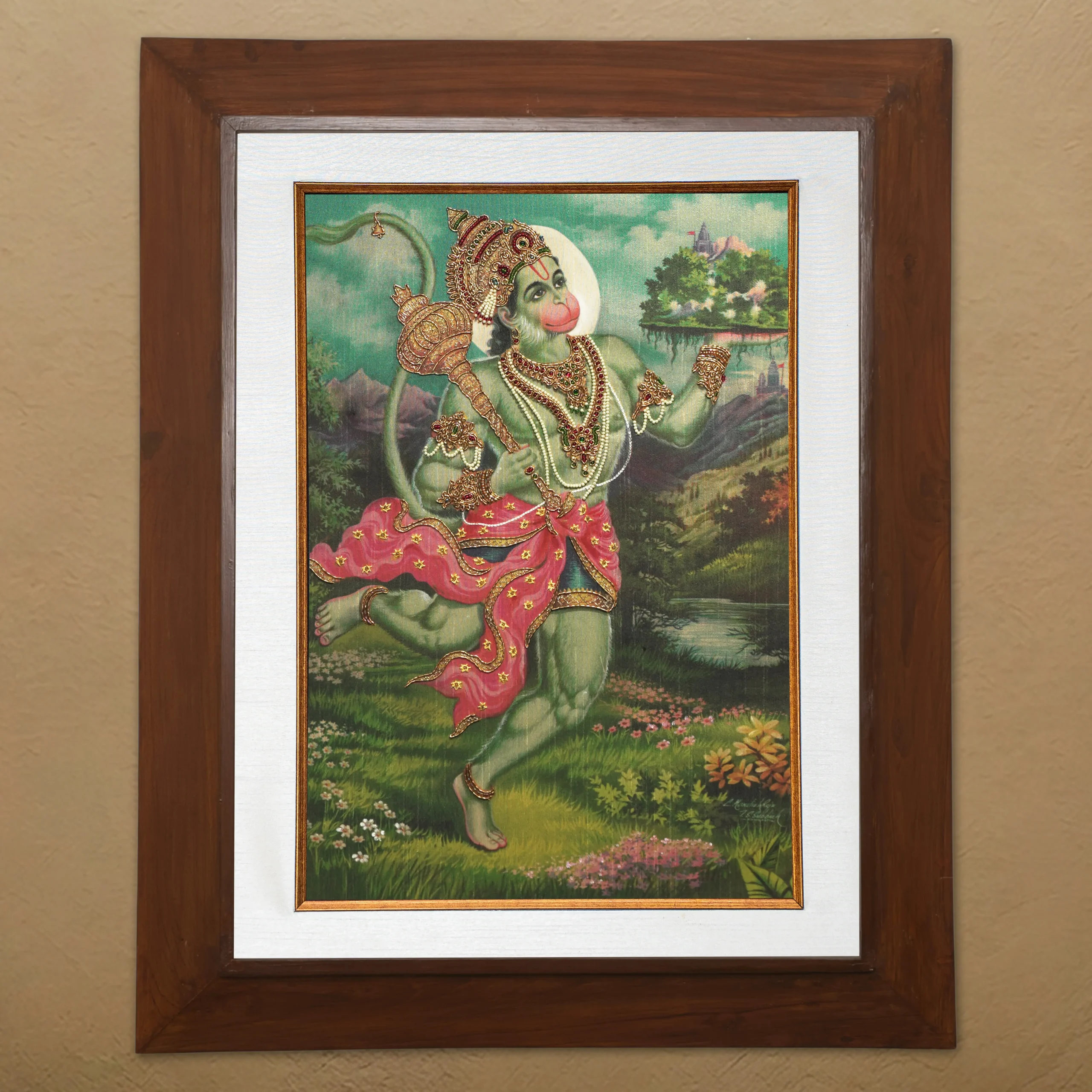 Sri Anjaneya silk embroidery wall art framed in teak wood for pooja room and living room decor