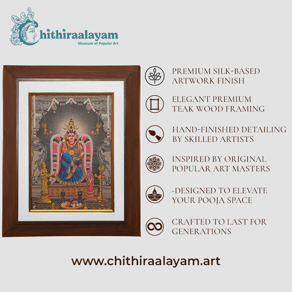Sri Kamalambigai devotional art highlighting premium raw silk, Ari and Zardoshi embroidery and antique teak wood finish