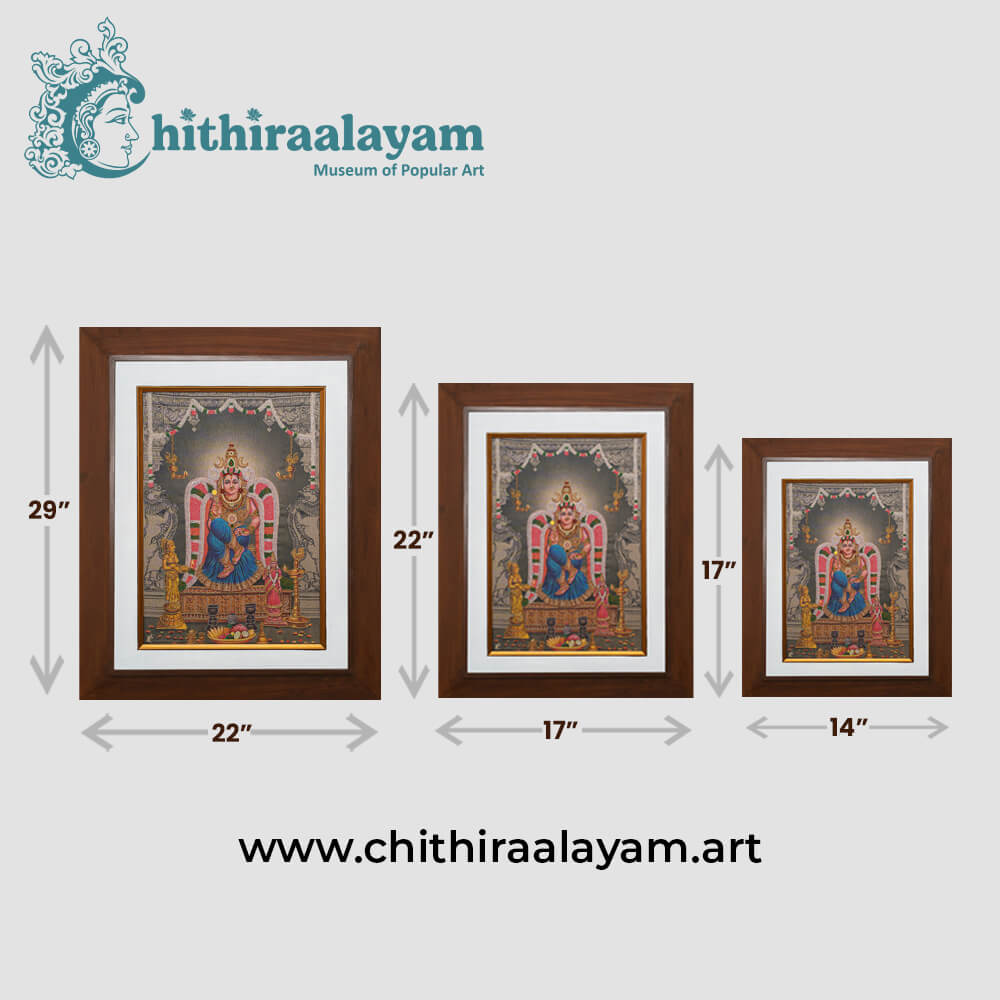 Size and dimension chart for Sri Kamalambigai raw silk embroidery painting in teak wood frame