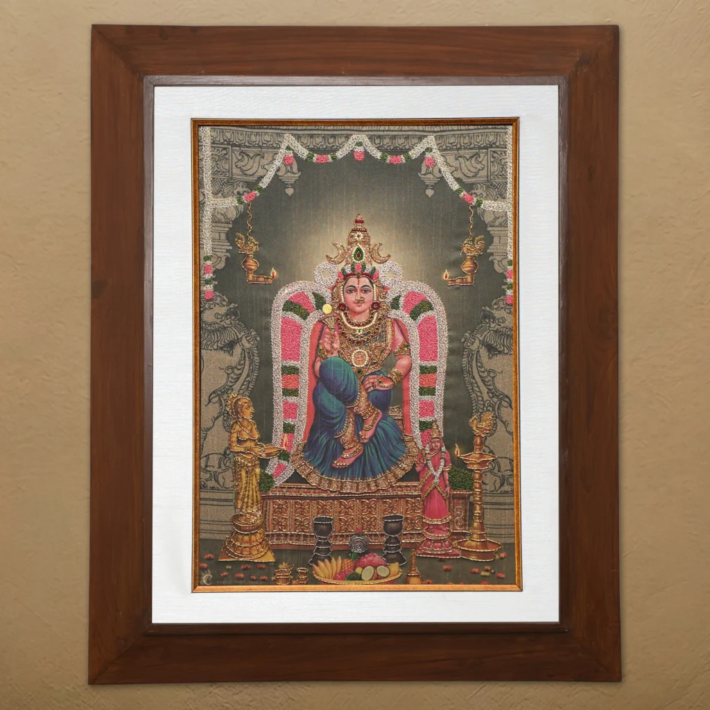 Sri Kamalambigai silk embroidery wall art framed in teak wood for pooja room and living room decor