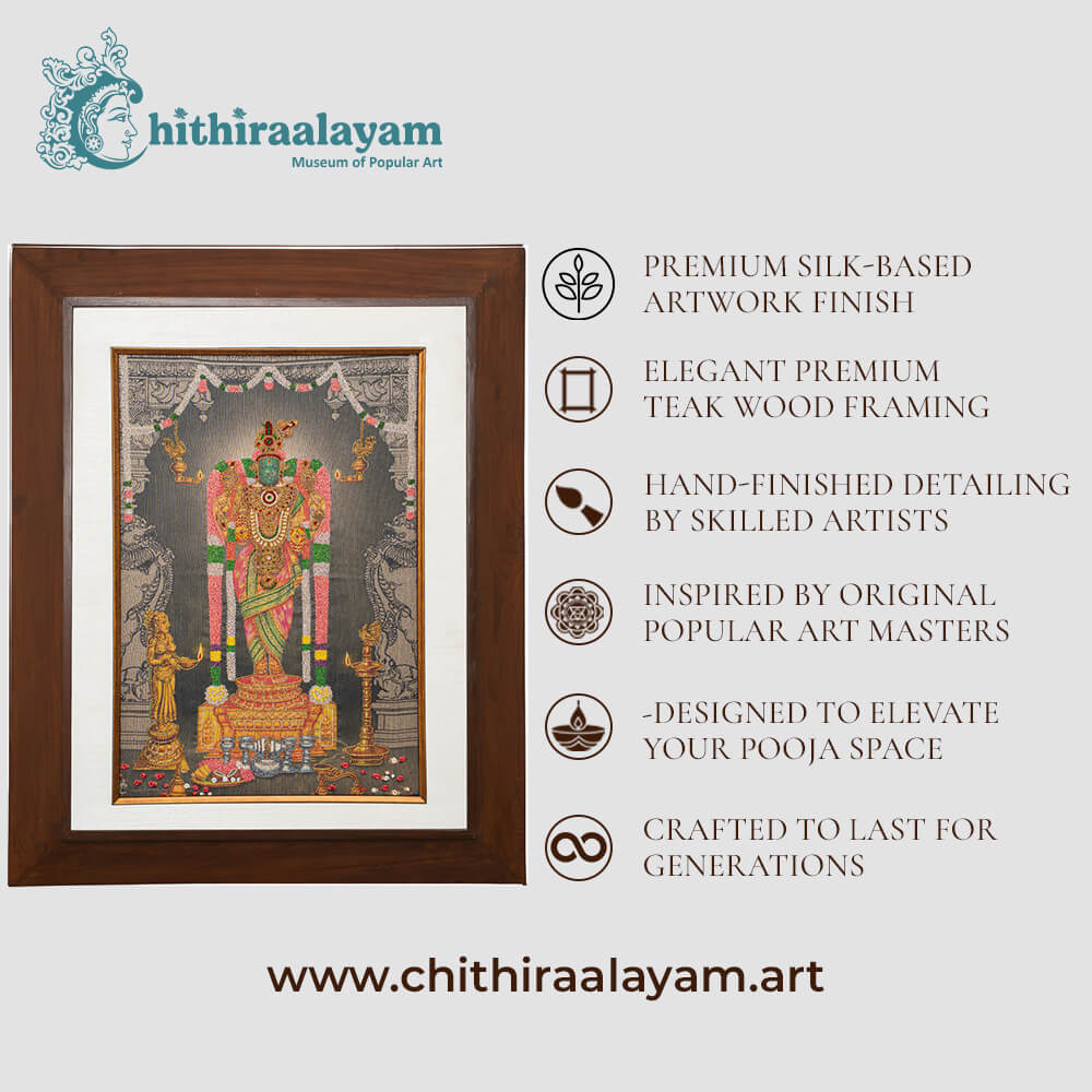 Sri Karpagambal devotional art highlighting premium raw silk, Ari and Zardoshi embroidery and antique teak wood finish