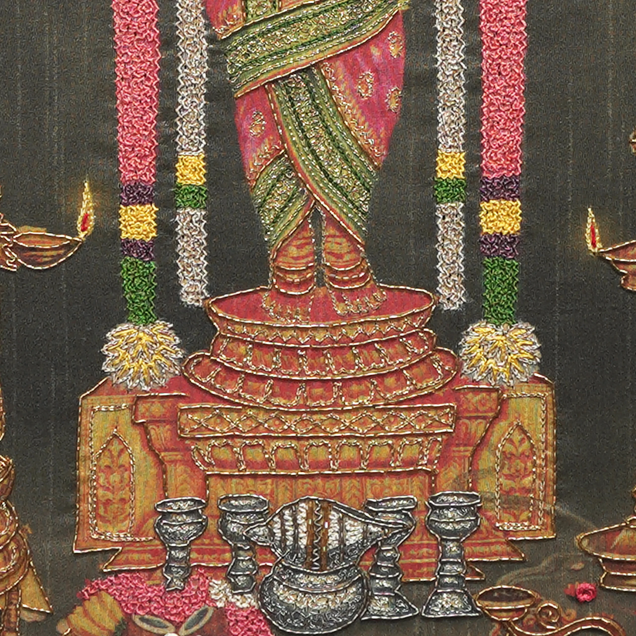 Close-up of Sri Karpagambal lower body embroidery showing intricate Zardoshi threadwork on raw silk