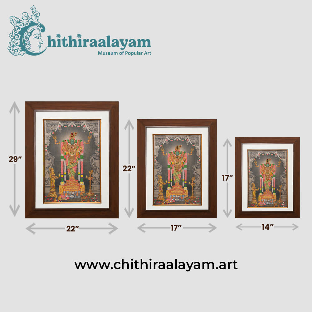 Size and dimension chart for Sri Karpagambal raw silk embroidery painting in teak wood frame