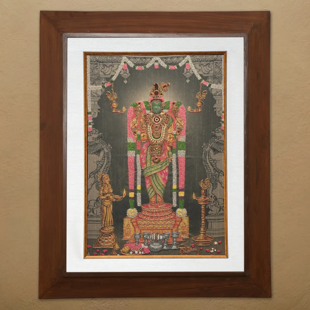 Sri Karpagambal silk embroidery wall art framed in teak wood for pooja room and living room decor