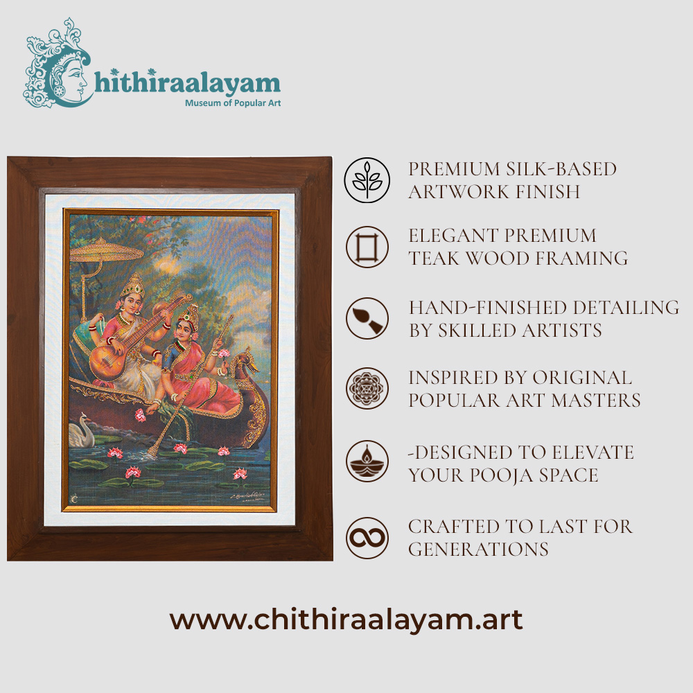 Sri Lakshmi & Saraswathi devotional art highlighting premium raw silk, Ari and Zardoshi embroidery and antique teak wood finish
