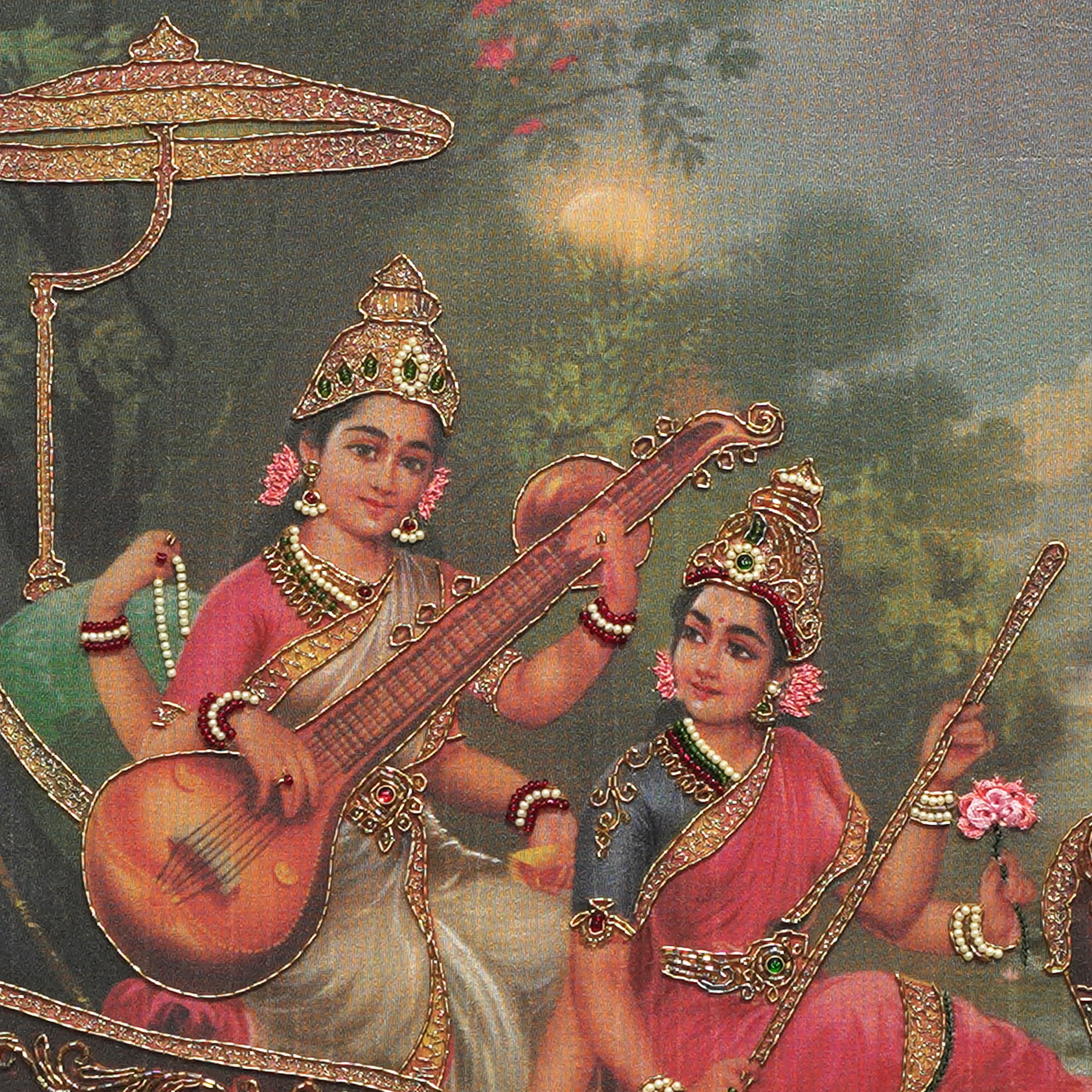 Close-up of Sri Lakshmi & Saraswathi face and crown detail with handcrafted Ari and Zardoshi embroidery on raw silk
