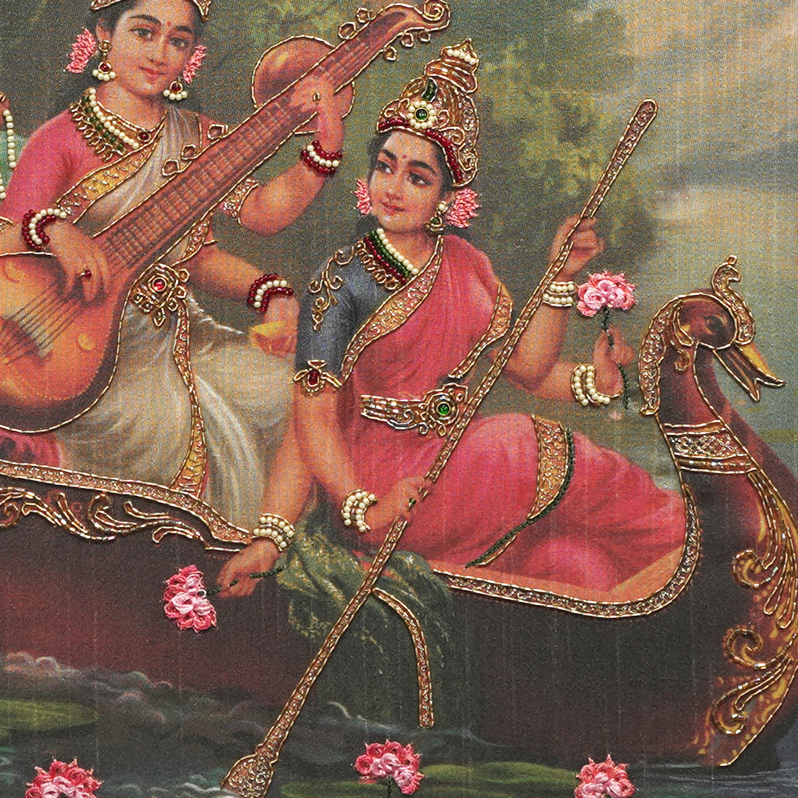Close-up of Sri Lakshmi & Saraswathi lower body embroidery showing intricate Zardoshi threadwork on raw silk