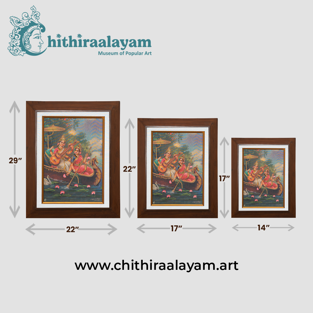 Size and dimension chart for Sri Lakshmi & Saraswathi raw silk embroidery painting in teak wood frame
