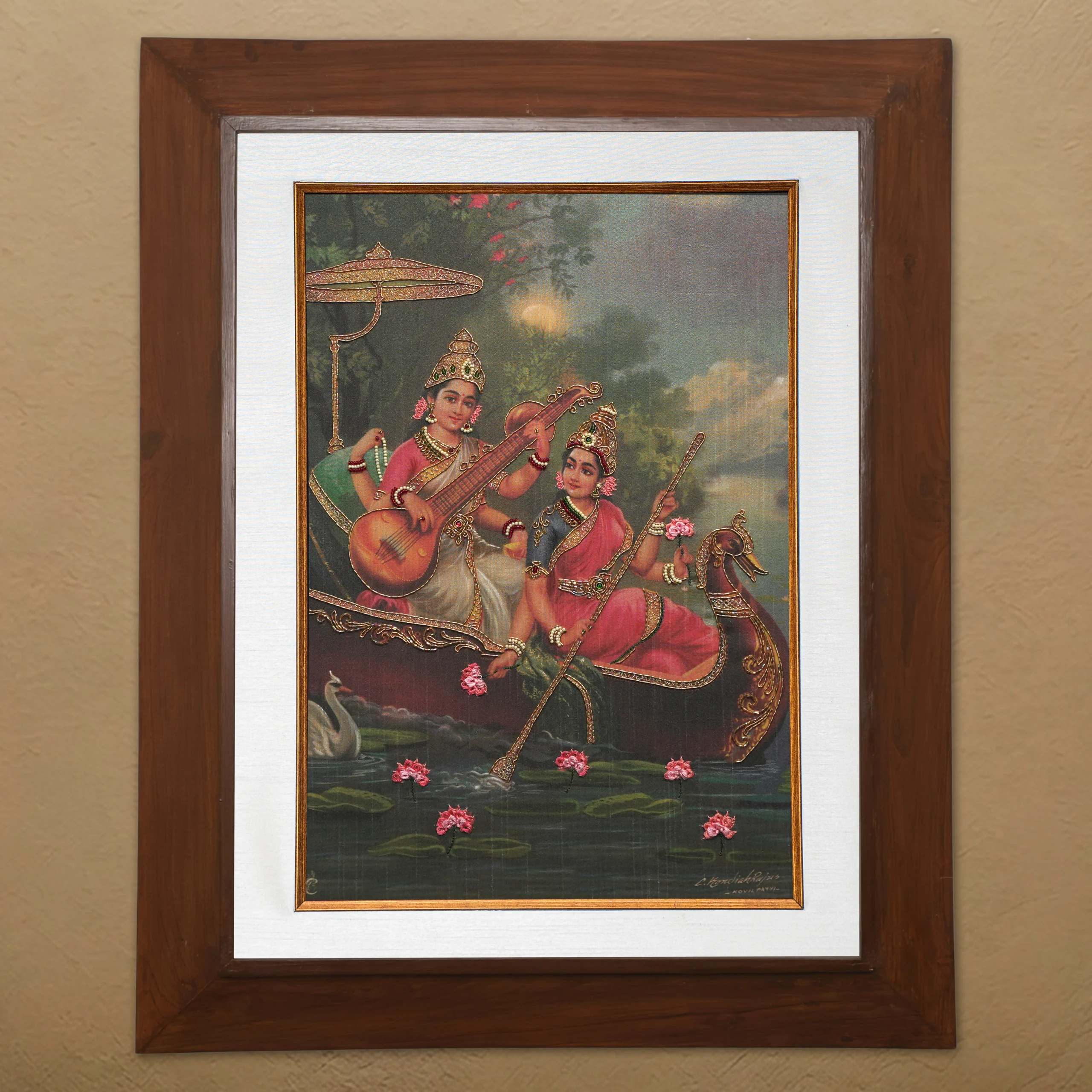 Sri Lakshmi & Saraswathi silk embroidery wall art framed in teak wood for pooja room and living room decor