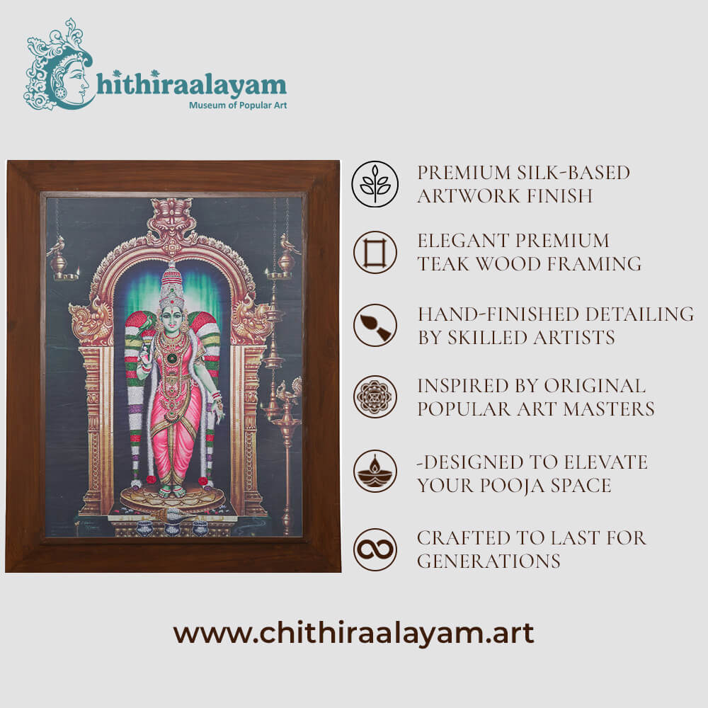 Sri Meenakshi devotional art highlighting premium raw silk, Ari and Zardoshi embroidery and antique teak wood finish