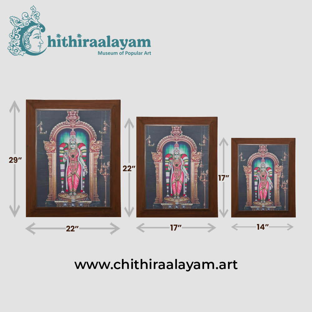 Size and dimension chart for Sri Meenakshi raw silk embroidery painting in teak wood frame