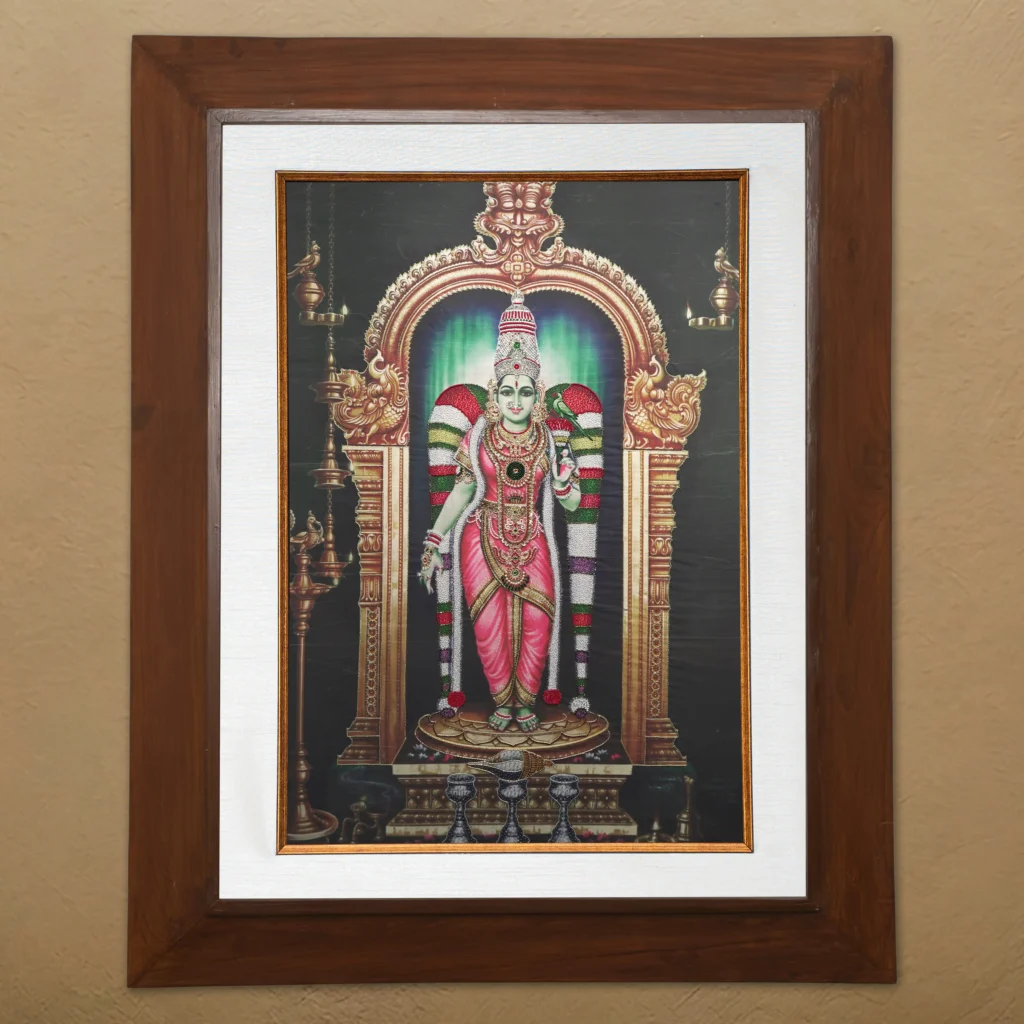 Sri Meenakshi silk embroidery wall art framed in teak wood for pooja room and living room decor