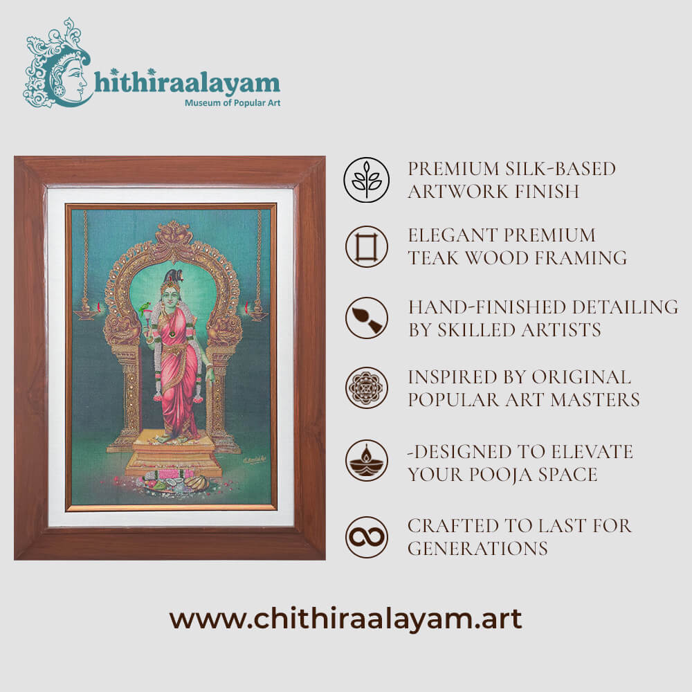 Sri Meenakshi devotional art highlighting premium raw silk, Ari and Zardoshi embroidery and antique teak wood finish