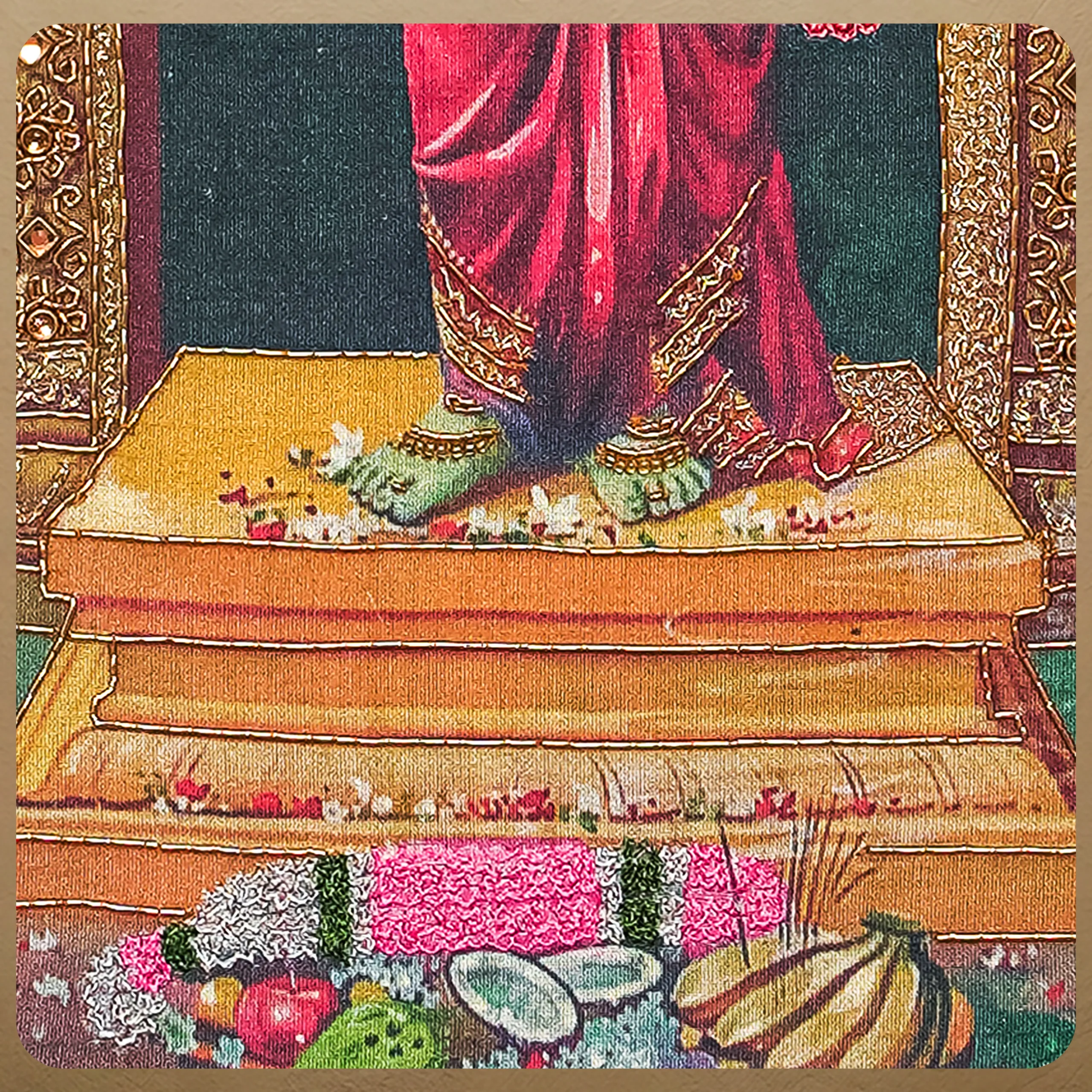 Close-up of Sri Meenakshi lower body embroidery showing intricate Zardoshi threadwork on raw silk
