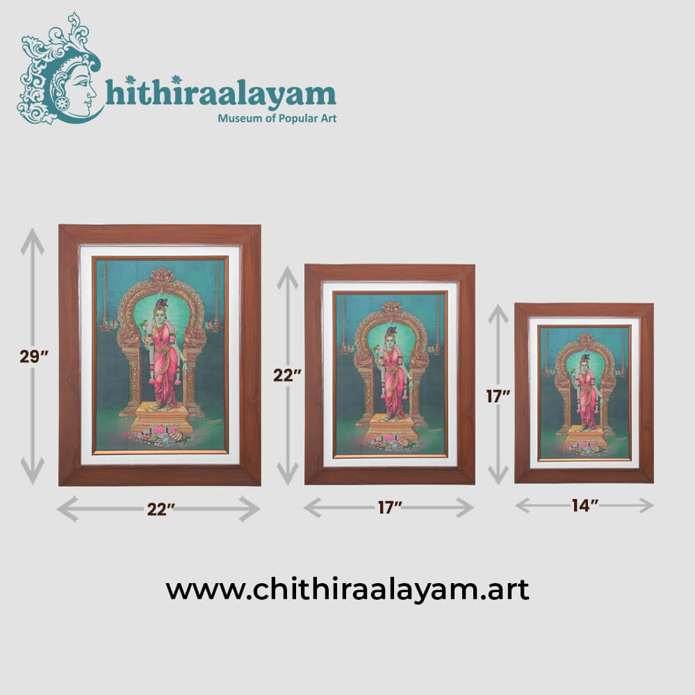 Size and dimension chart for Sri Meenakshi raw silk embroidery painting in teak wood frame