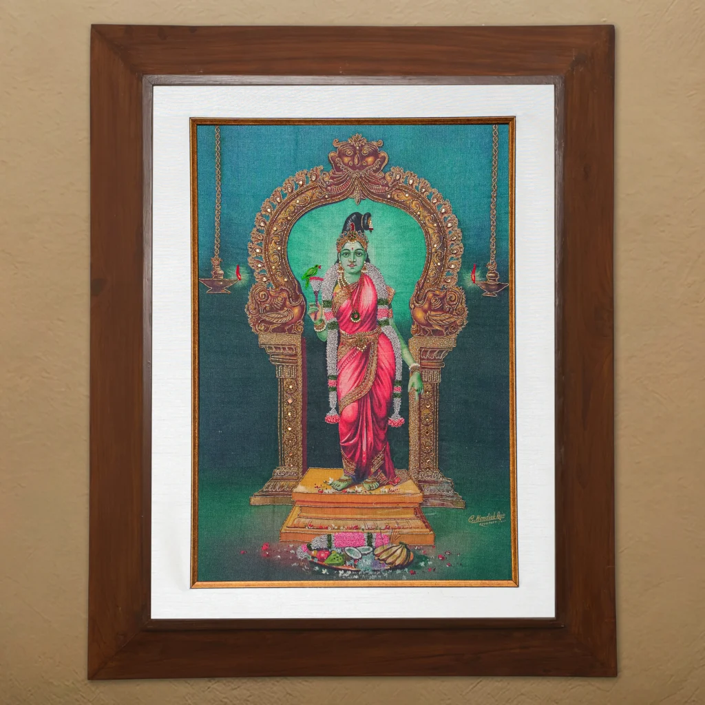 Sri Meenakshi silk embroidery wall art framed in teak wood for pooja room and living room decor