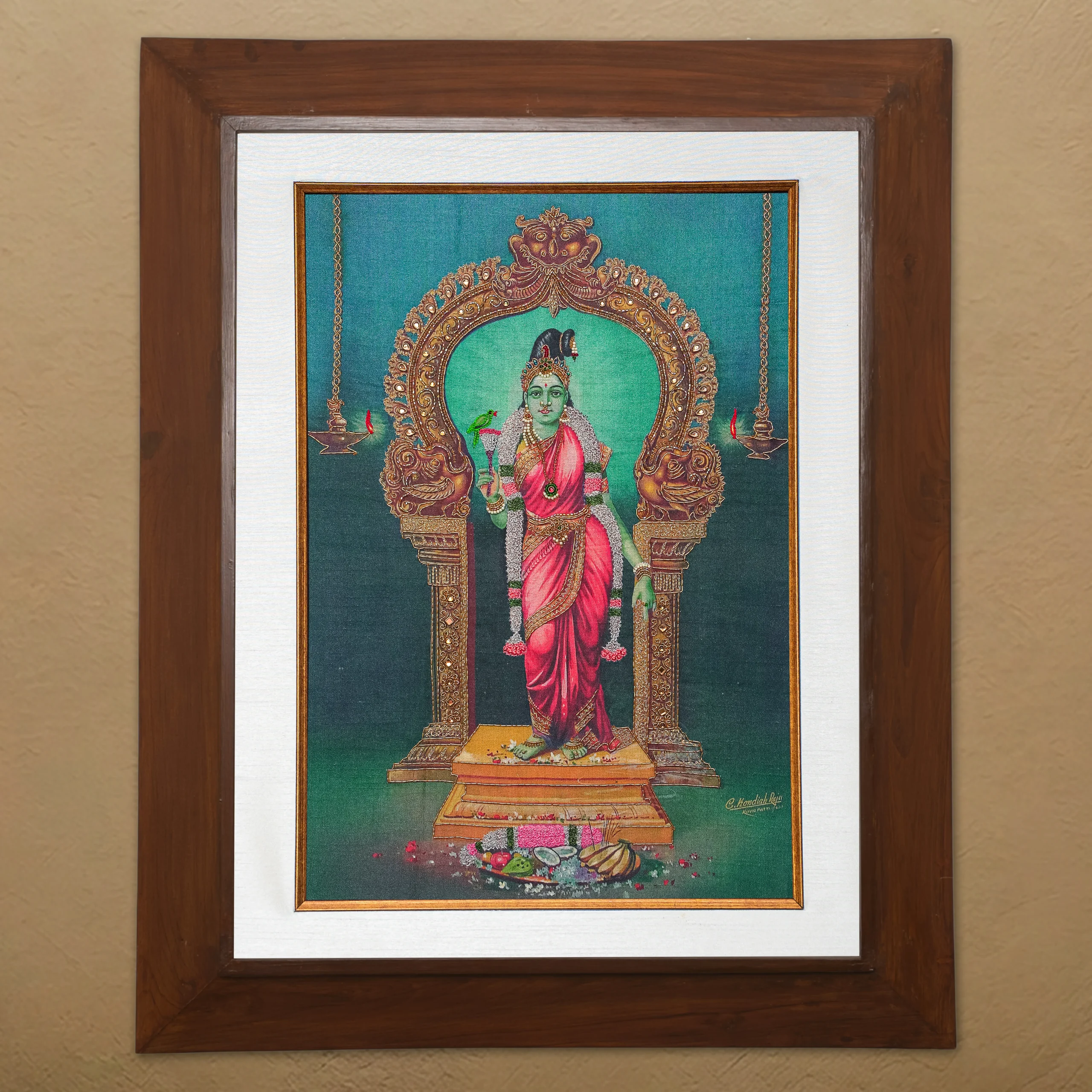 Sri Meenakshi silk embroidery wall art framed in teak wood for pooja room and living room decor