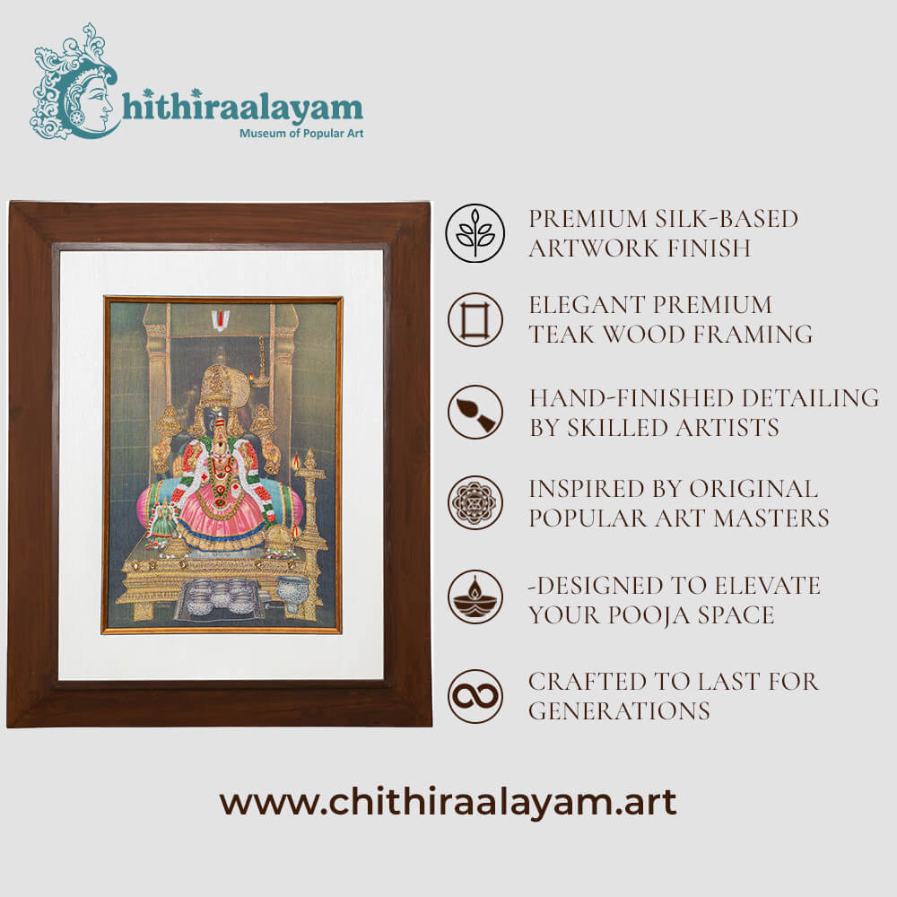 Sri Renga Natchiyar devotional art highlighting premium raw silk, Ari and Zardoshi embroidery and antique teak wood finish