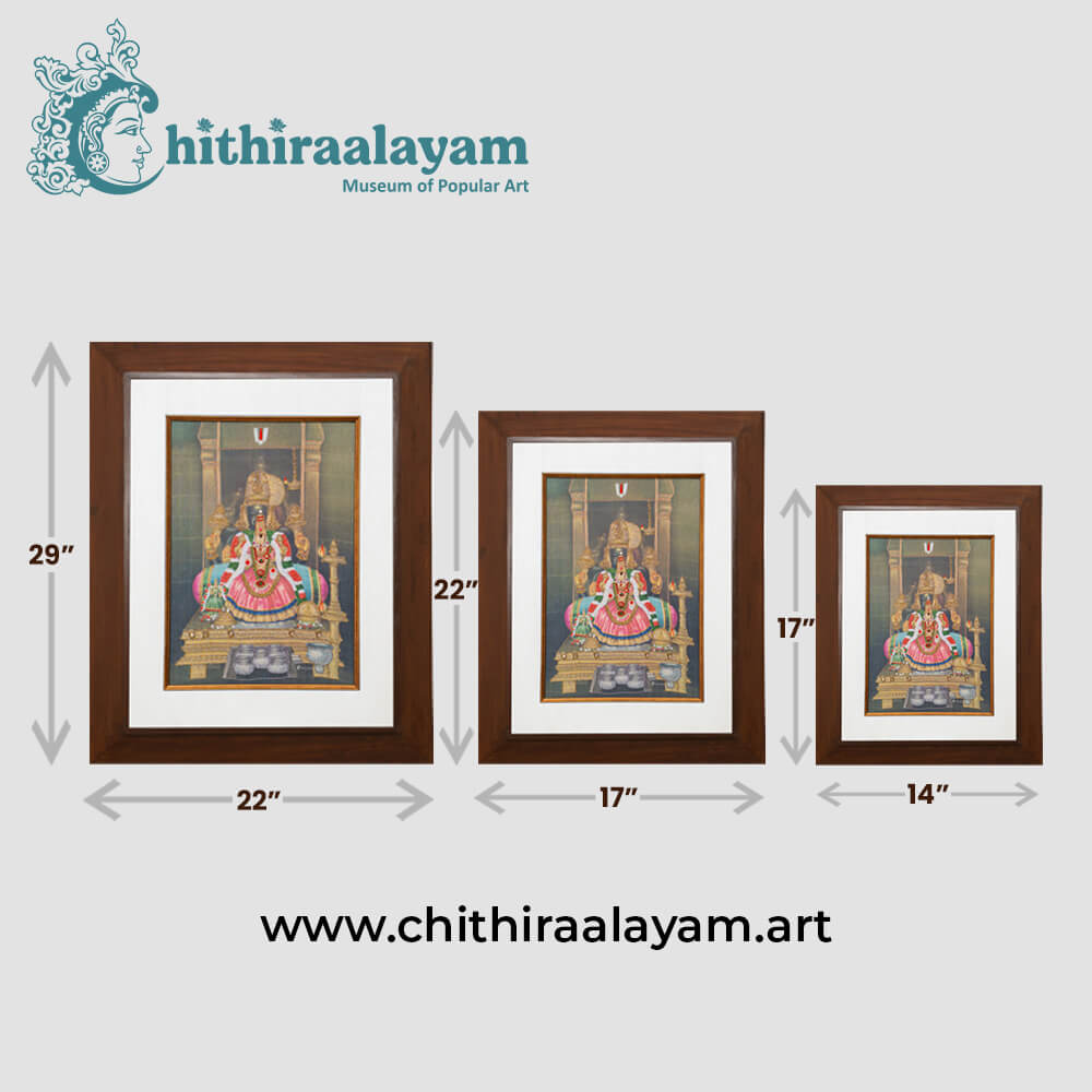 Size and dimension chart for Sri Renga Natchiyar raw silk embroidery painting in teak wood frame