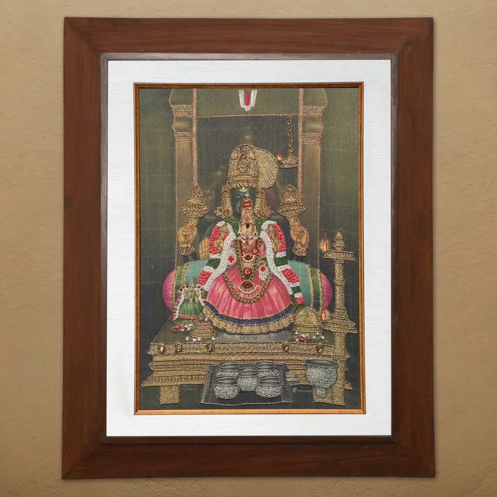 Sri Renga Natchiyar silk embroidery wall art framed in teak wood for pooja room and living room decor