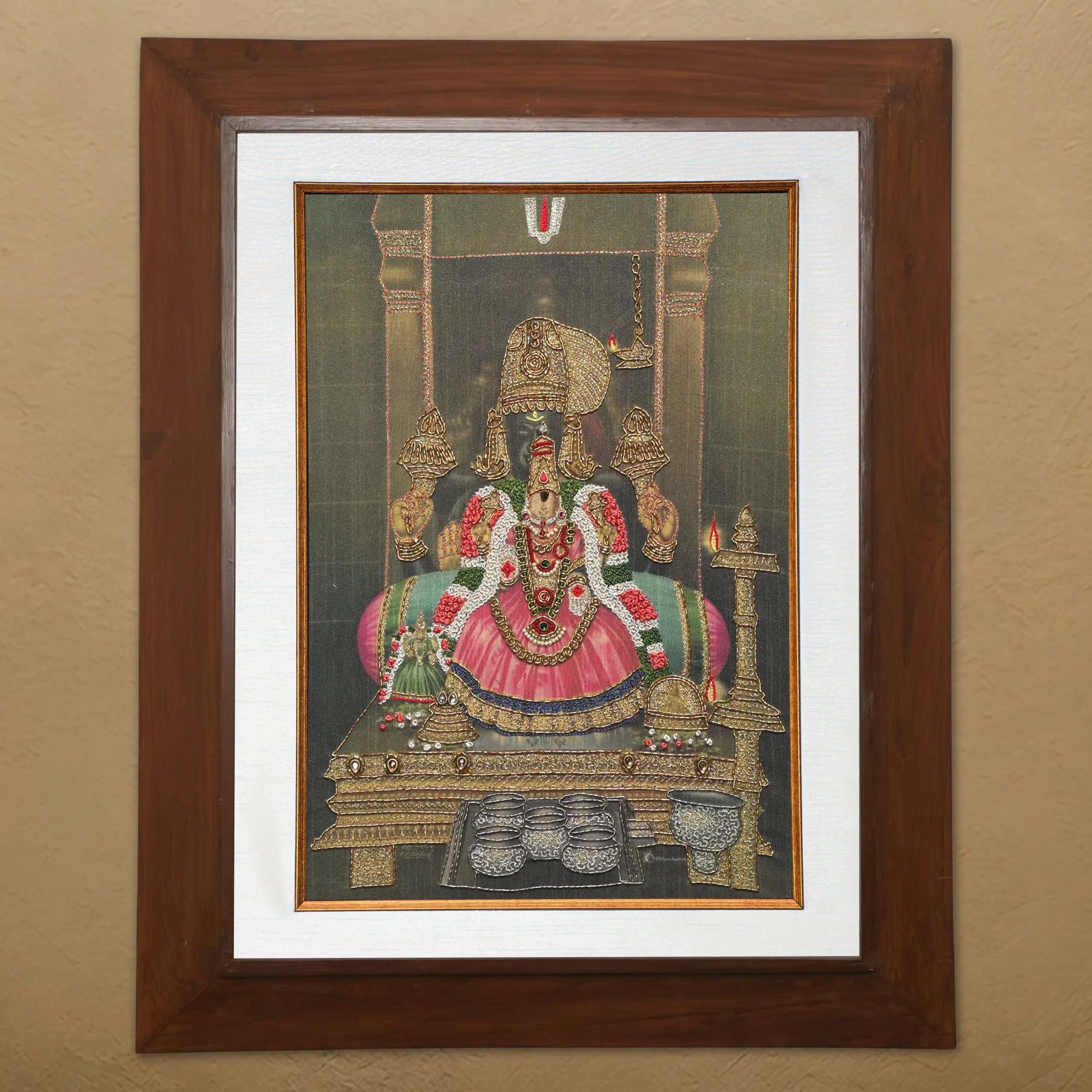 Sri Renga Natchiyar silk embroidery wall art framed in teak wood for pooja room and living room decor