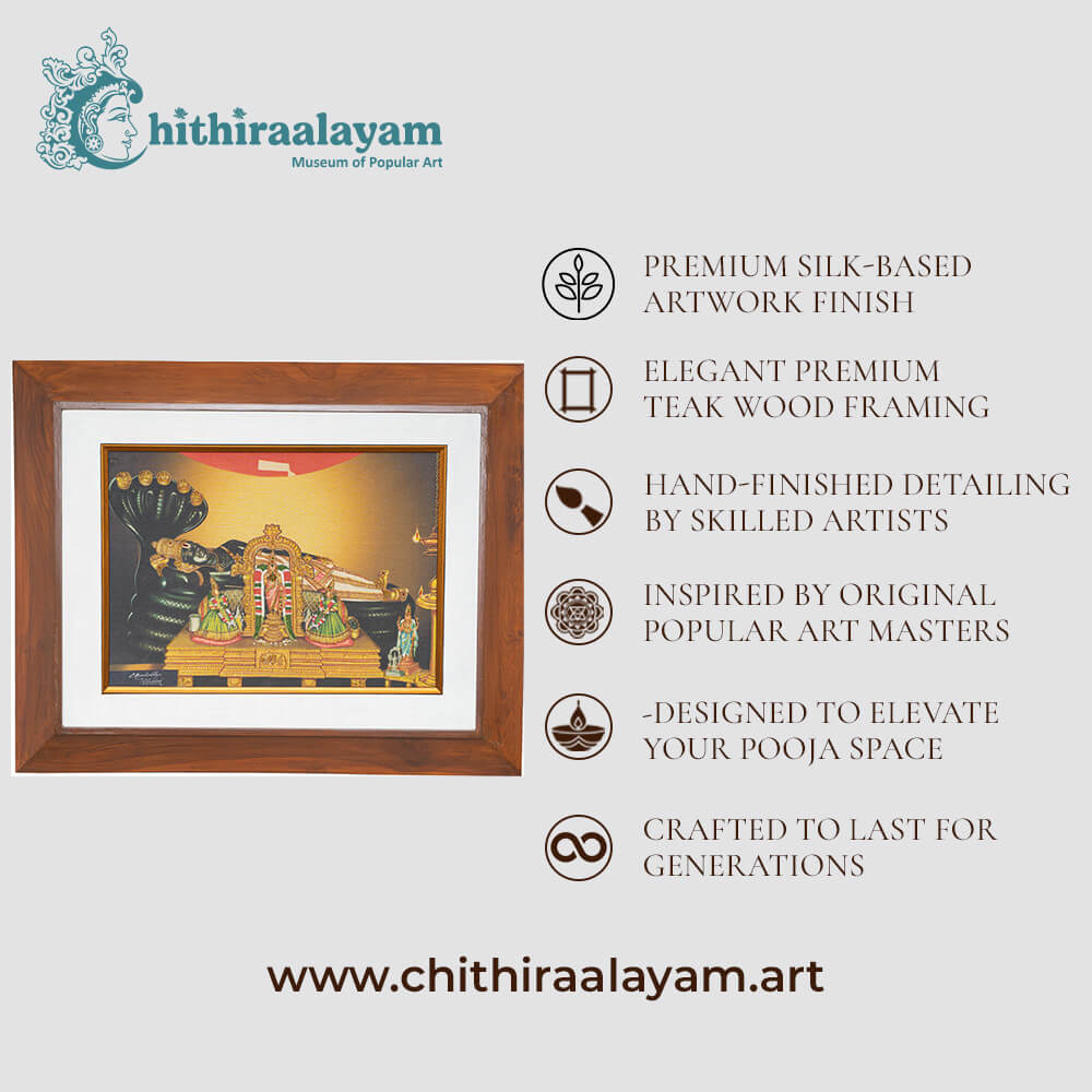Sri Renganathar devotional art highlighting premium raw silk, Ari and Zardoshi embroidery and antique teak wood finish