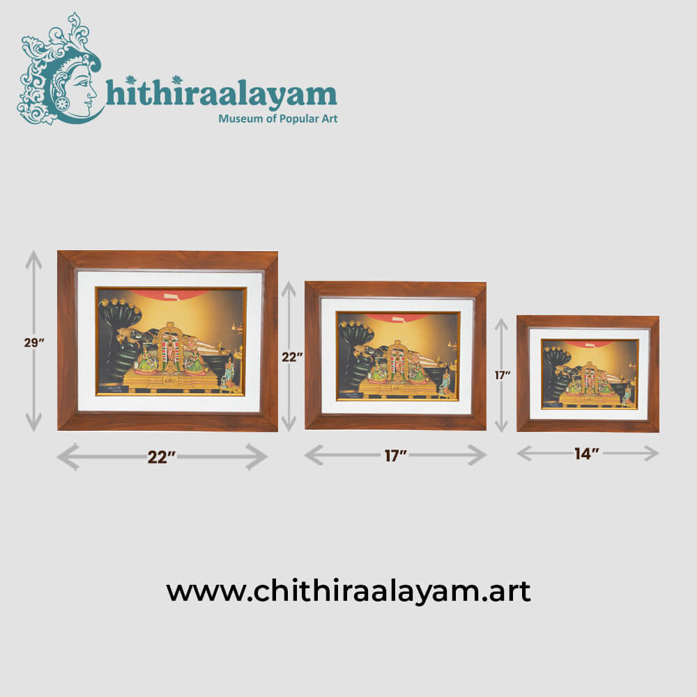 Size and dimension chart for Sri Renganathar raw silk embroidery painting in teak wood frame