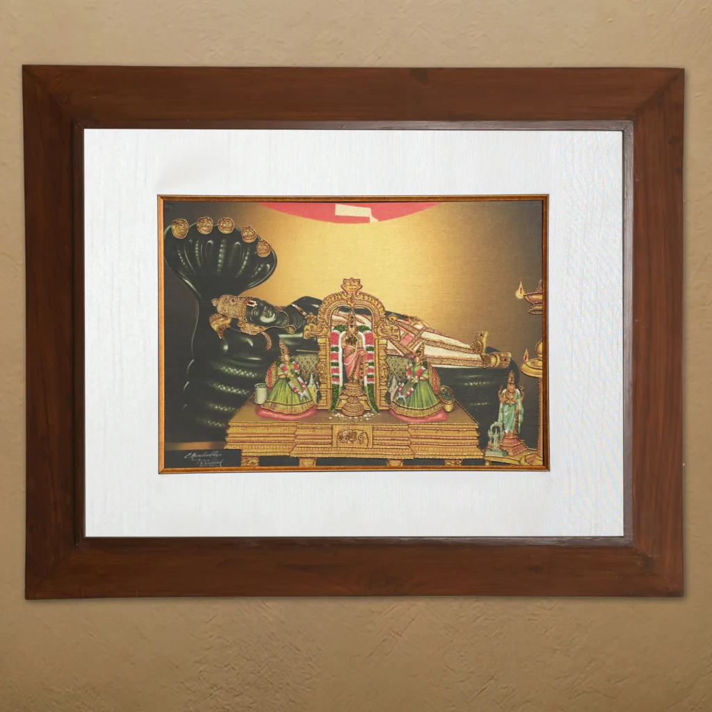 Sri Renganathar silk embroidery wall art framed in teak wood for pooja room and living room decor