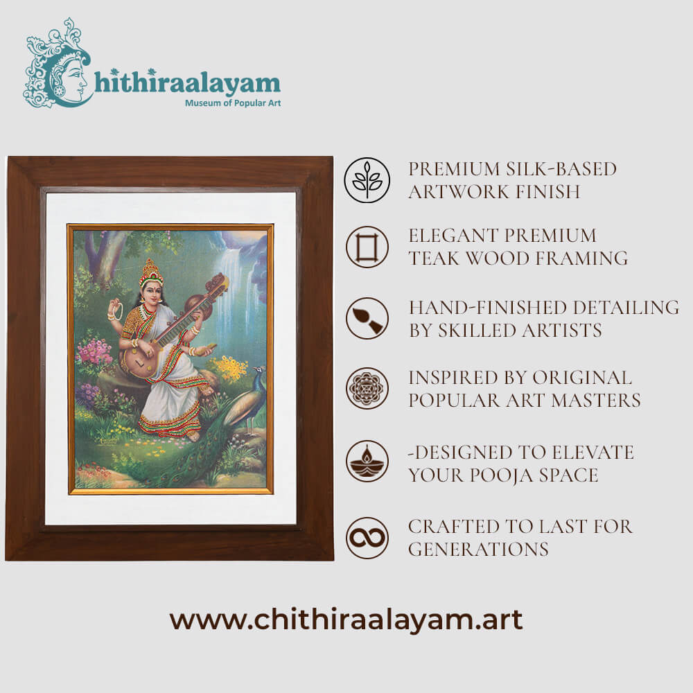 Sri Saraswathi devotional art highlighting premium raw silk, Ari and Zardoshi embroidery and antique teak wood finish